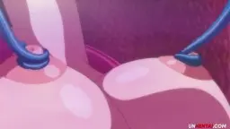 Pinkhaariges Anime-Mädchen wird von dicken blauen Tentakeln fest umschlungen und in ihre nasse Muschi gefickt