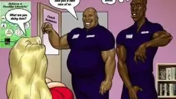 Geile blonde Cartoon-Frau mit Zöpfen saugt tief an einem riesigen schwarzen Schwanz